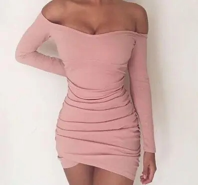 2018 BKLD Long Sleeve Mini Dress Womens Autumn Winter Dresses Women Sexy Party Black Pink Grey Off the shoulder Bodycon | Женская одежда