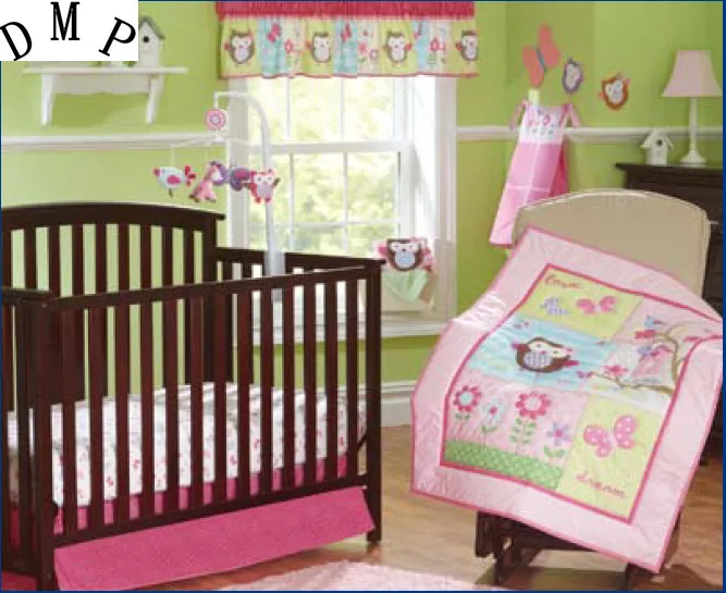 

7PCS Appliqued Baby Cot Crib Bedding set for girl Comforter ropa de cuna (4bumper+duvet+bed cover+bed skirt)