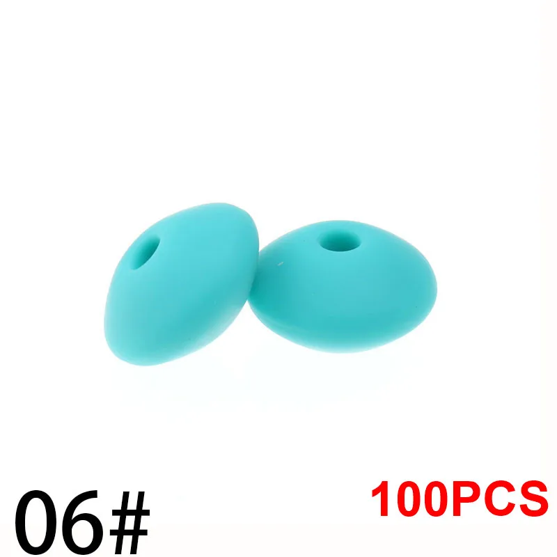 06 Turquoise 12 мм, 100 шт, детский прорезыватель, жемчужные силиконовые бусины, чечевица, BPA бесплатно, для детей, прорезыватель, ожерелье, браслет, сделай сам, очаровательные игрушки для кормления, уход - Цвет: 06 Turquoise
