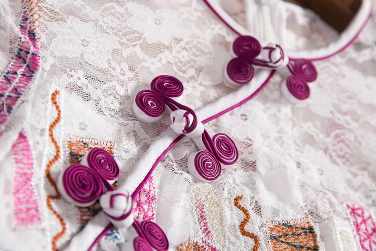 

Chinese Style Vintage Slim Jag Cheongsam O-Neck Short Sleeve Ancient Dish Button Colorful Embroidery Mid-Calf Long Dress Women