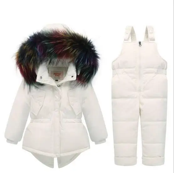 

High Quality Winter Children Clothing Set 80% Down Jacket Coat+Overalls Baby Boys Girls Thick Warm Outerwear Fur Collar