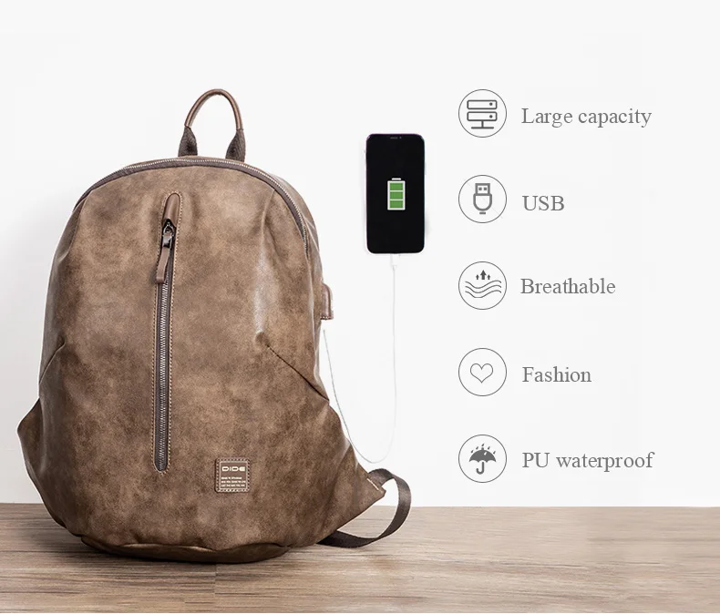DIDE, анти-вор, USB, 15,6 дюймов, рюкзаки для ноутбука, для подростков, мальчиков, мужские, Mochila, Ретро стиль, кожаный, для путешествий, через плечо, рюкзак, сумка для мужчин