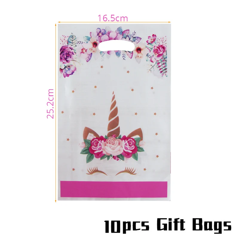 10pcs gift bag 51/81 шт. Вечерние принадлежности с единорогом для украшения дня рождения, одноразовые столовые приборы, набор бумажных тарелок, чашка, баннер, декор для девочек - Цвет: 10pcs gift bag