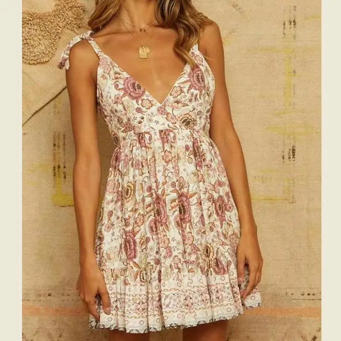 Женское летнее платье с открытой спиной Пляжное цветочным принтом и мини поясом