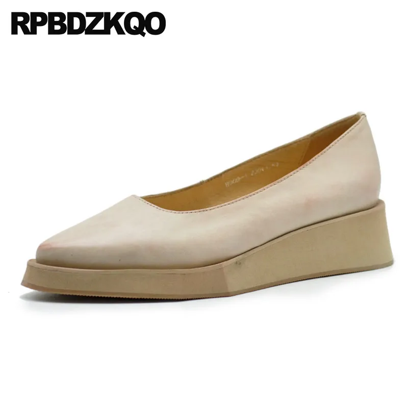 

2021 Women Platform Shoes Creepers Ladies Folk Medium Heels Beige Genuine Leather Pointed Toe Wedge Japanese Low Handmade Pumps