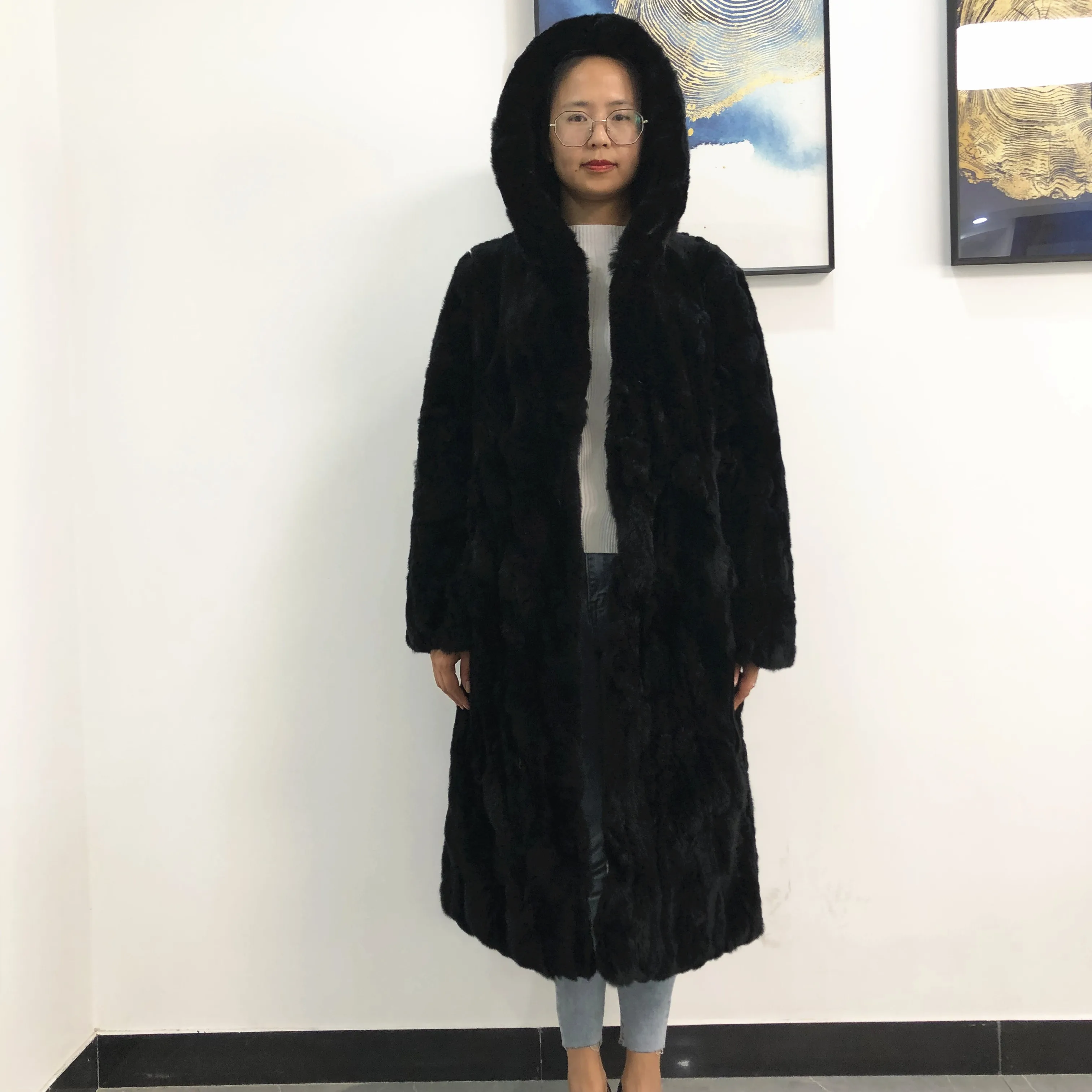 Hot Sell Natural Rex Rabbit Fur Winter Woman Coats Long Fashion Genuine Fur Coats Women Real Rex Rabbit Fur Coat Warm