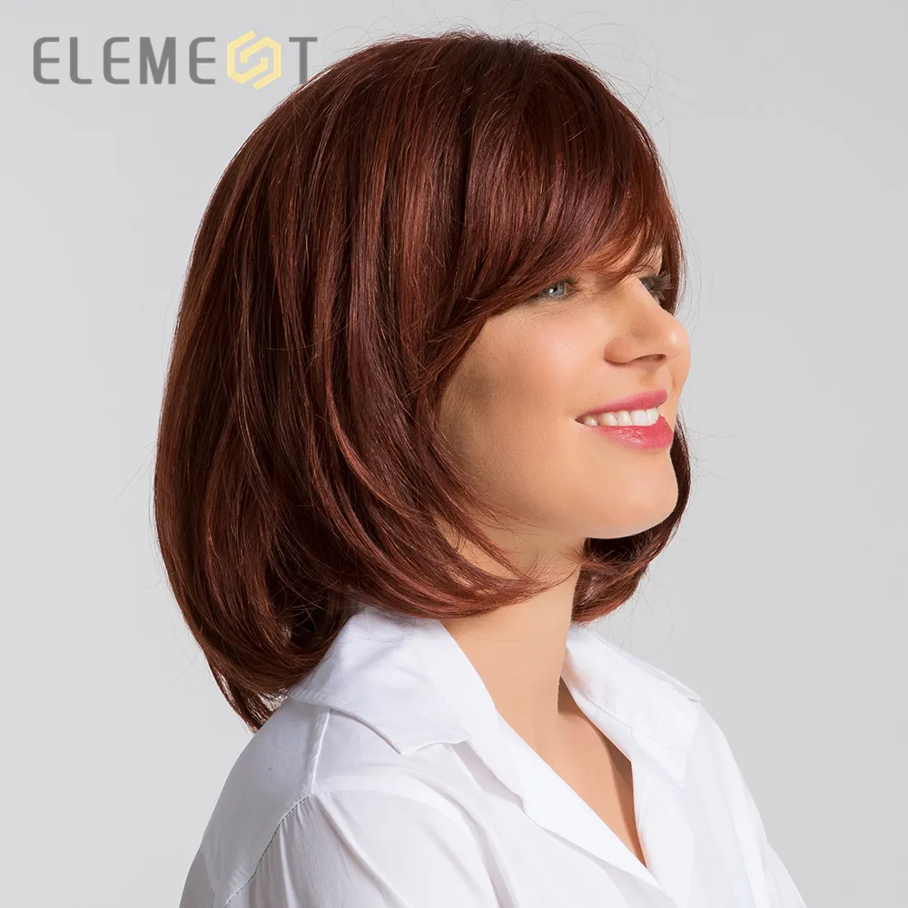 Element Heat Resistant Synthetic Brown Wig Blend 50% Human Hair High Density Pre Plucked Hairline 12 inch Long Wigs for Women