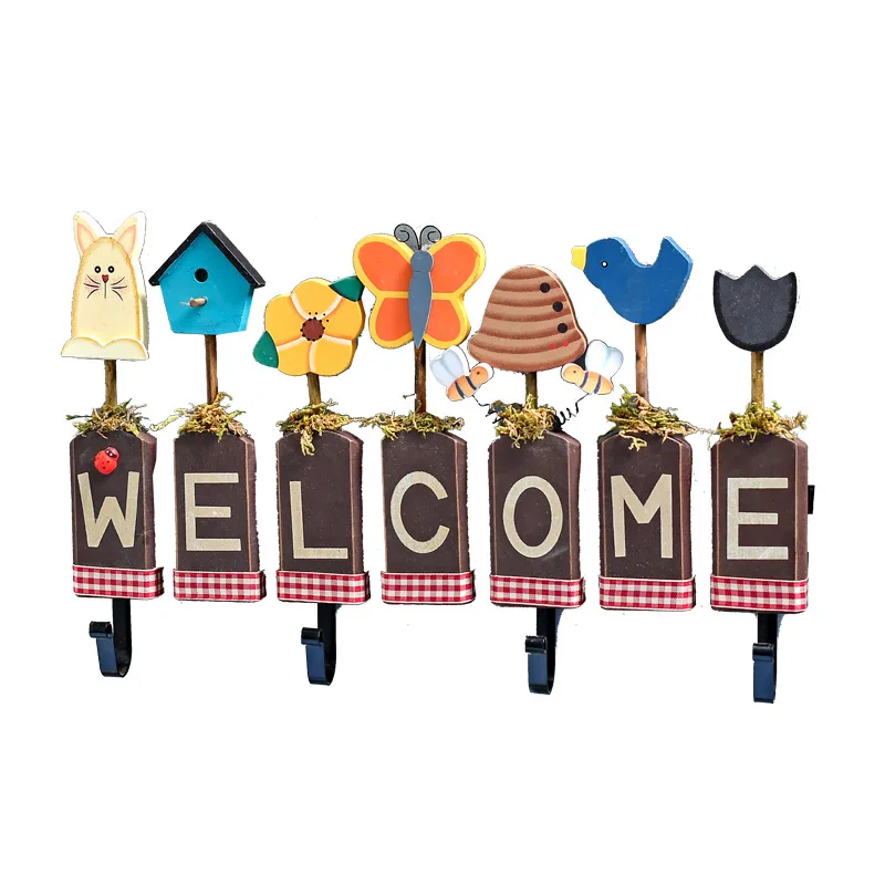 

Creative Cartoon Wooden Welcome Hook Wall Hanging Hooks Retro Wall Storage Key Hooks Home Decoration Ornament