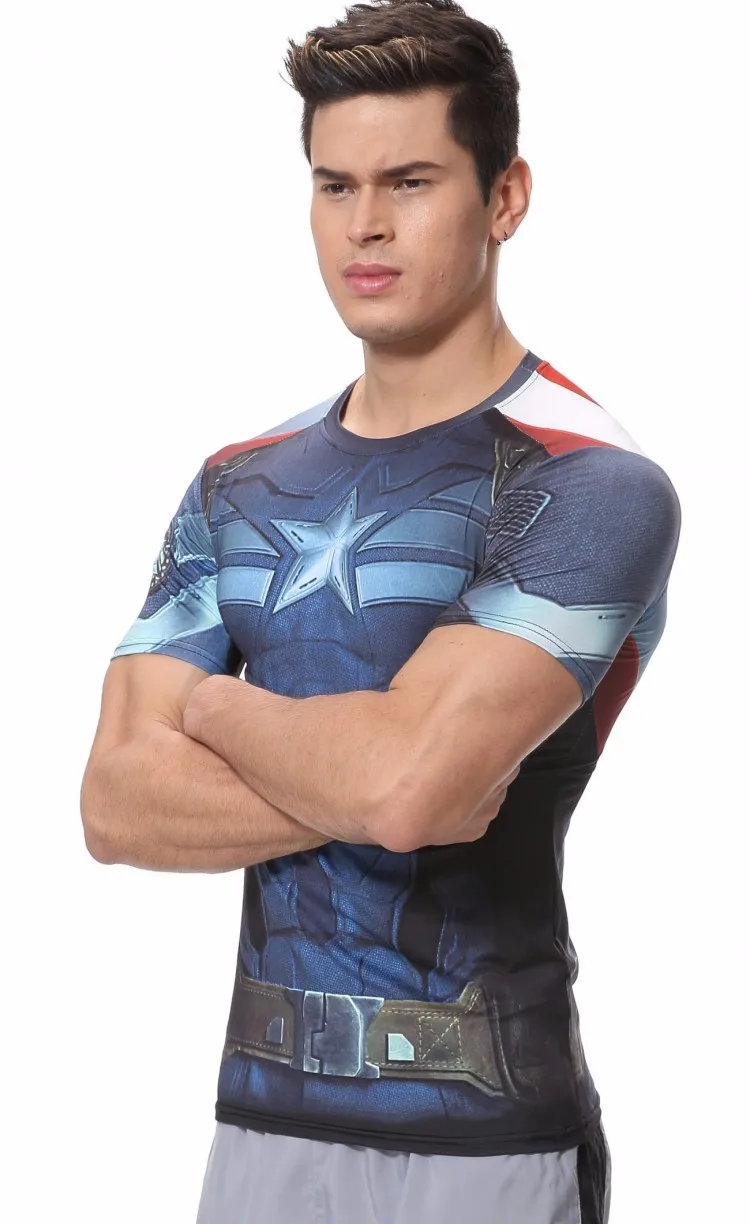 КРАСНЫЙ ШЛЕЙФА Для Мужчин's Спортивное компрессионное белье Marvel Comics эластичный с коротким рукавом Капитан Америка футболка