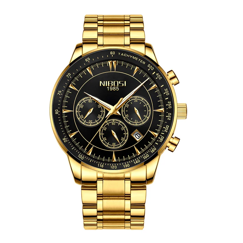 gold black steel Relogio Masculino, NIBOSI, кварцевые часы для мужчин, стальной ремешок, мужские часы,, люксовый бренд, водонепроницаемые наручные часы для мужчин, бренд Saat - Цвет: gold black steel