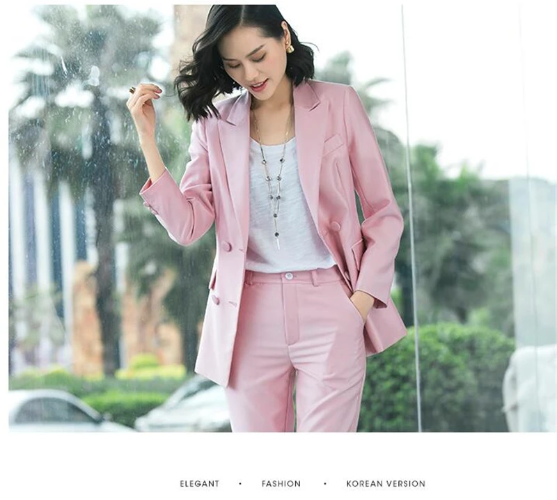Высококачественные розовые рабочие брючные костюмы OL 2 шт. комплекты двубортный