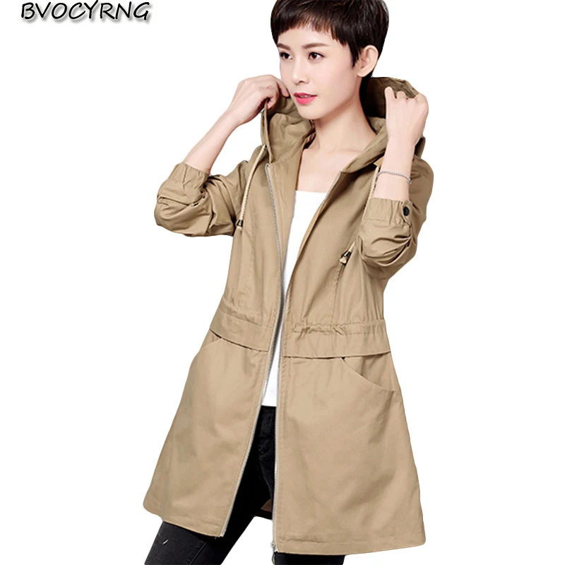 

New Plus Size Women Trench Coat High-end Elegant Hooded Outwear Spring Autumn Casual Windbreaker Long Sleeve Woman Clothes A0154