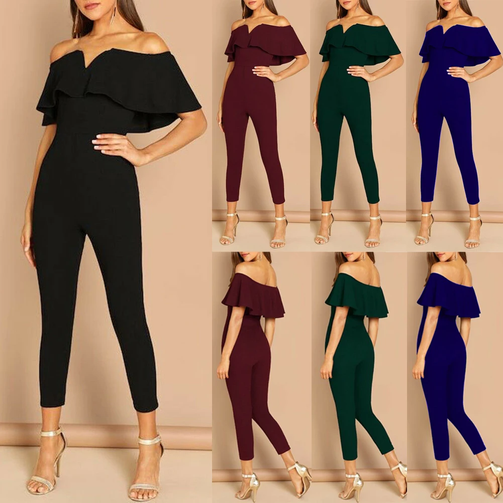 Женский вечерний комбинезон с оборками однотонный клубный на одно плечо длинные