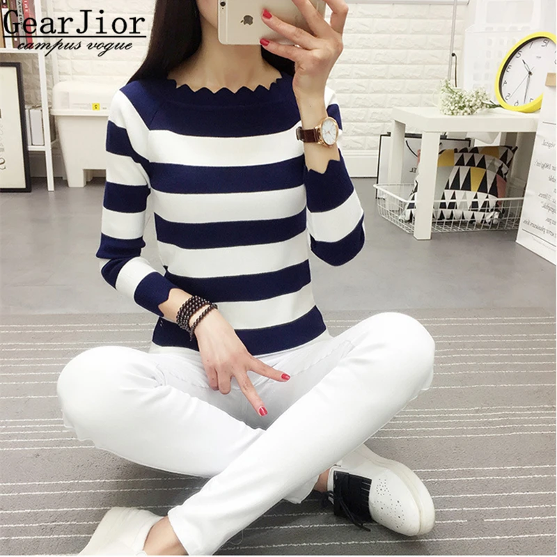 Фото 2017 new hot sale women's spring autumn knit pullover sweaters woman Wave collar striped sweater 3 colors Женская одежда 2017 new hot sale women's spring autumn knit pullover sweaters woman Wave collar striped sweater 3 colors Женская одежда