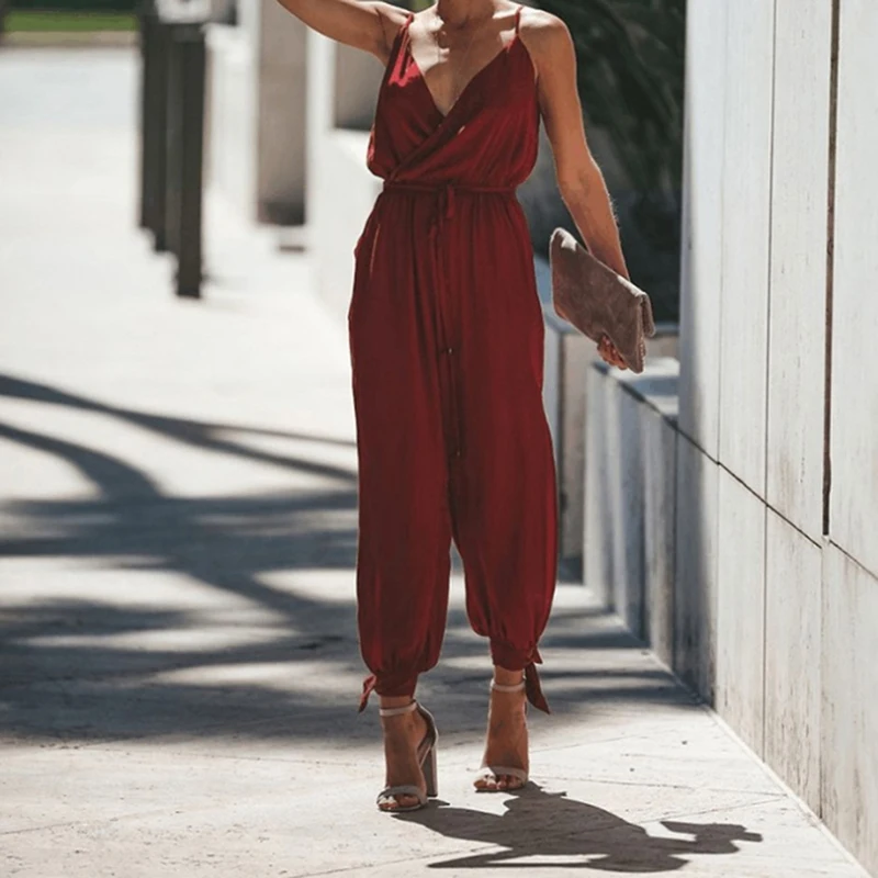 Женский комбинезон с открытой спиной карманами и V образным вырезом|Женские