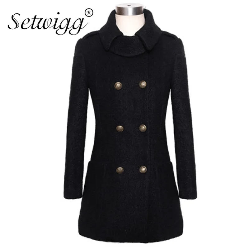 black SETWIGG модные зимние утепленные полушерстяные средние пальто двубортный шерстяной карман камвольная петля куртка пальто SG37 - Цвет: black