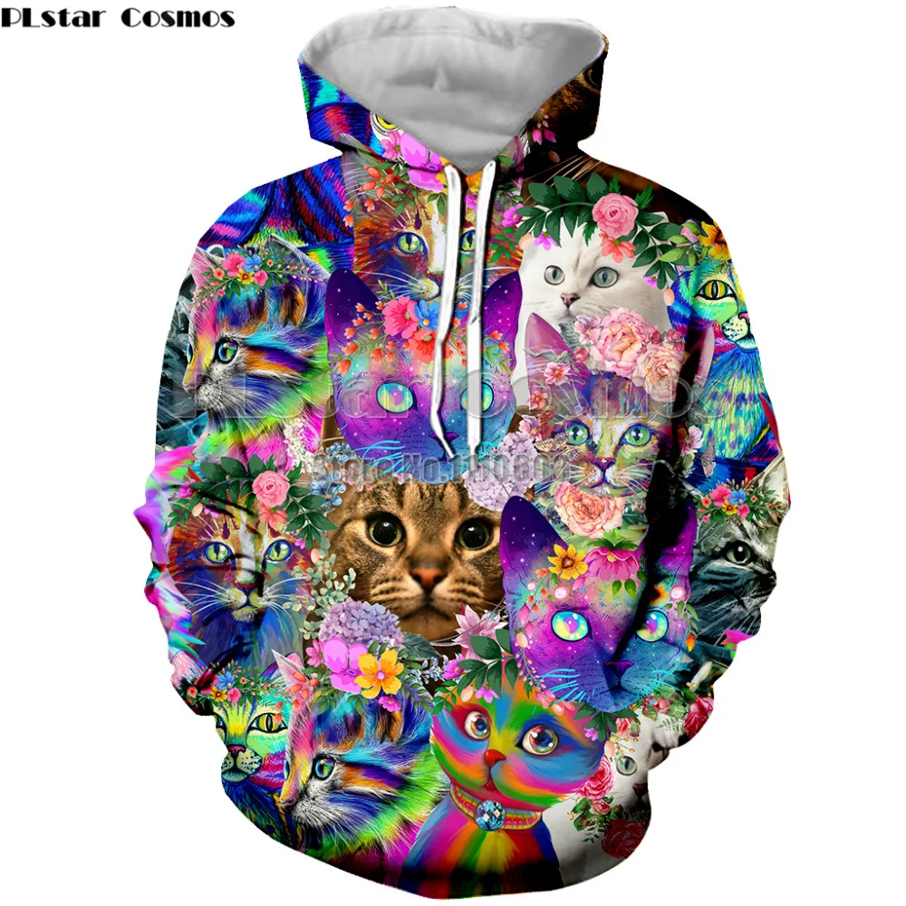 Модные новые толстовки PLstar Cosmos с цветочным принтом и милым котом 3D пальто