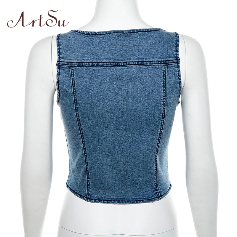ArtSu Womens Tank Top Sleeveless Denim Sexy Blue Crop Top Femme Square Neck Fashion Streetwear Summer Tops Casual ASVE20681