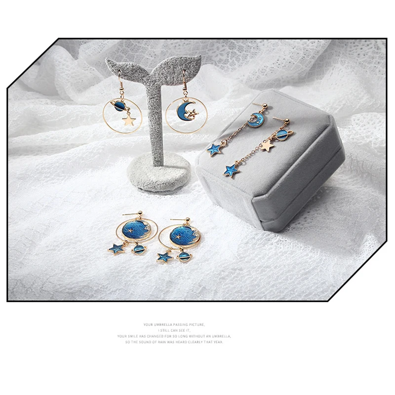 Women Blue Metal Asymmetric Geometry Starry Moon Planet Stud Earrings Long Wild Sweet Jewelry Eardrop One size | Украшения и