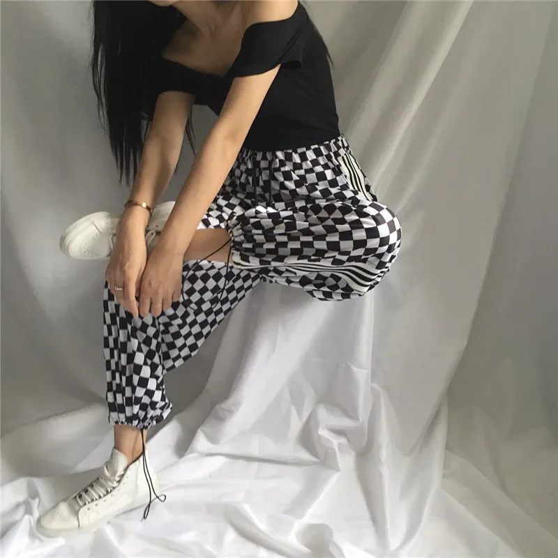 Корейские INS Harajuku BF уличные мужские и женские черно-белые клетчатые брюки гранж плед
