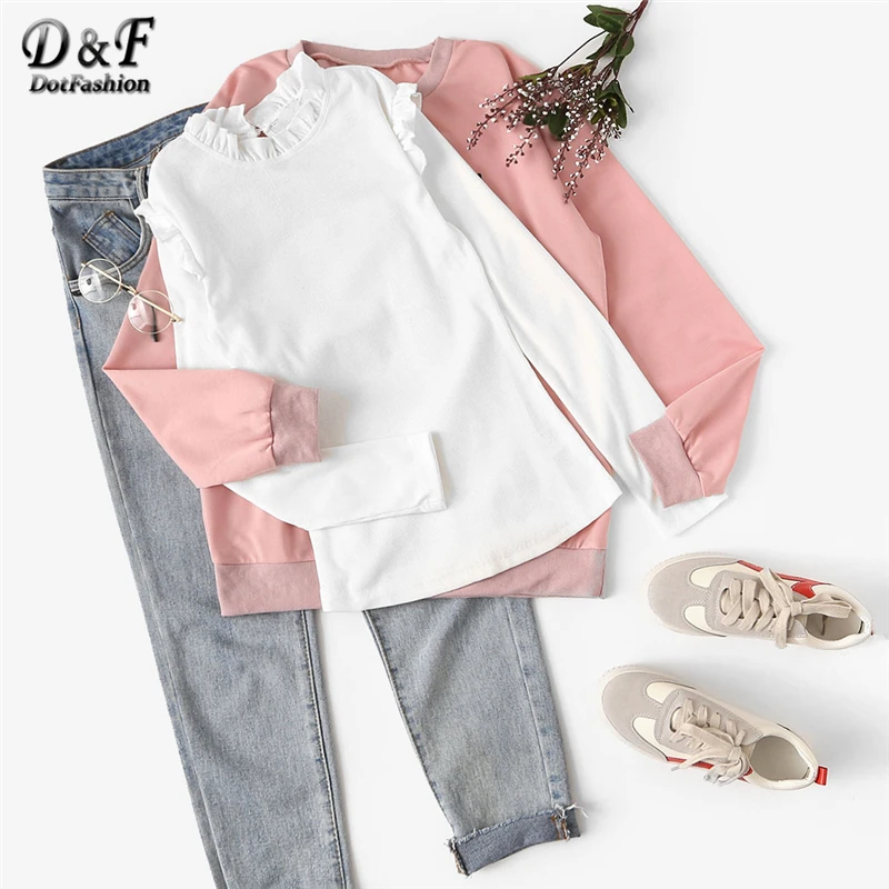Dotfashion белая футболка с оборкой и длинным рукавом, Женская Повседневная Осенняя Приталенная футболка с воротником-стойкой