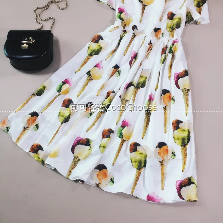 Женское платье с принтом мороженого повседневное белое Плиссированное Платье До