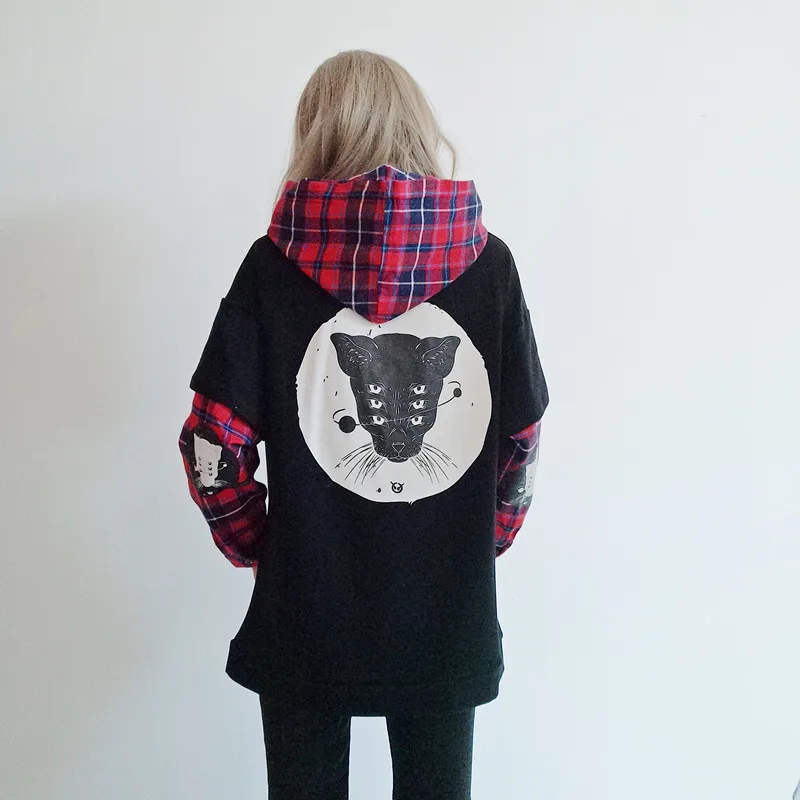 Японский милый уличный модный Женский свитшот Harajuku Kawaii Cat принт клетчатые толстовки черный спортивный костюм пуловер Женский свитшот