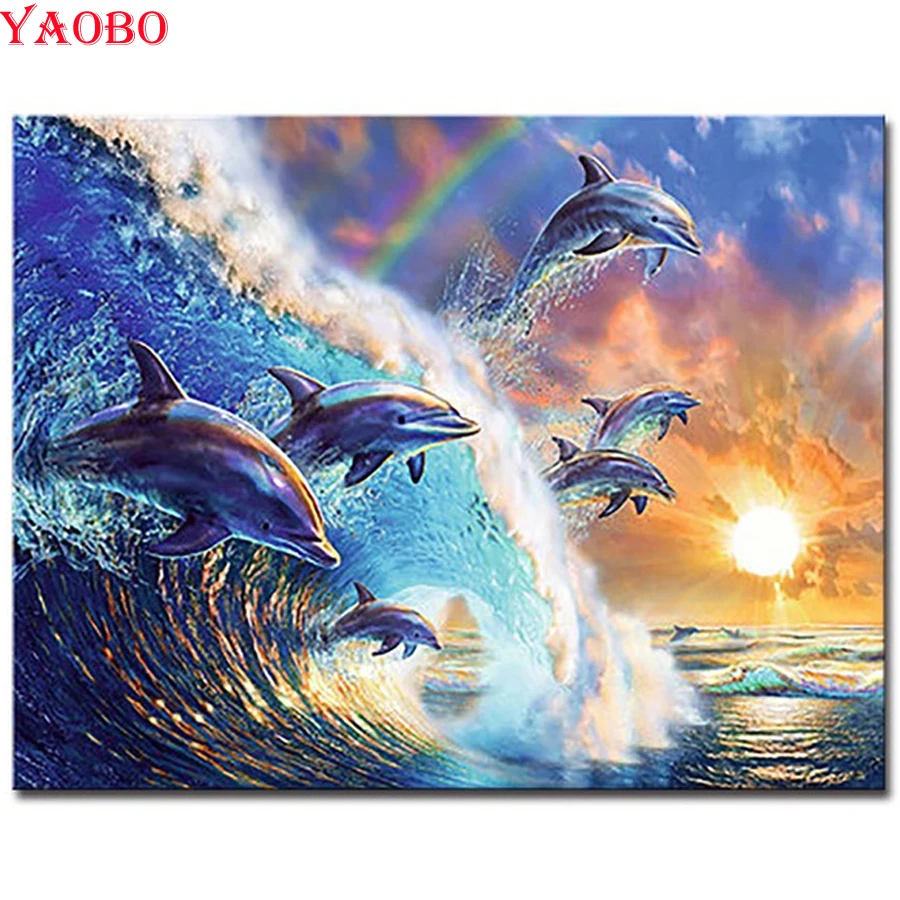 

3d Diamond Painting Dolphin Sunset Mosaic Pictures Diy Diamond Embroidery Sea Wave Seascape Full Needlework 5D Cross Stitch Kits