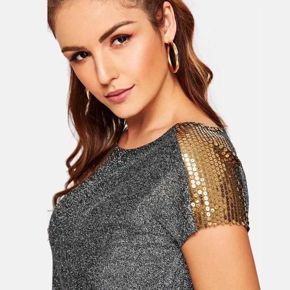 S-XL Women's Summer Slim Short Sleeve Shoulder Sequins Decorative Bright Silk T-Shirt Nightclub Tops Simple and Stylish | Женская
