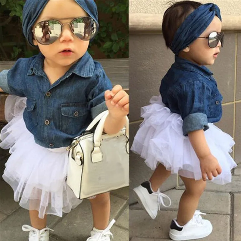Детские джинсовые топы для маленьких девочек футболка + белая юбка пачка повязка