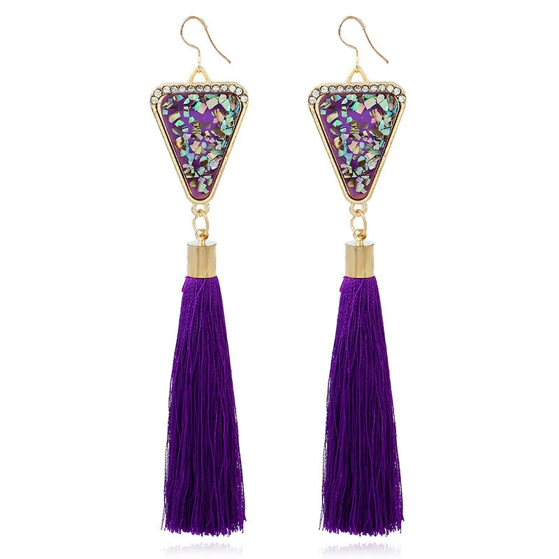 Sanjiao Purple Женские серьги с кисточками, элегантные, красные, синие, черные, белые, Длинная подвеска, модное ювелирное изделие, бахрома, серьги-кольца, аксессуары - Окраска металла: Sanjiao Purple