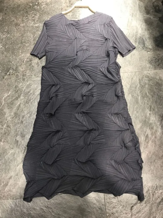 Miyake модное плиссированное платье с коротким рукавом и круглым вырезом