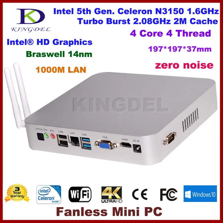 

Fanless Mini PC,HTPC,Intel 5th Gen. Celeron N3150,Quad Core,14nm,Small Size Compute,HDMI,VGA,Optical,COM RS232,6*USB,Windows 10