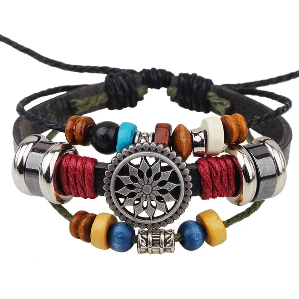 Винтажный Многослойный кожаный браслет мужские модные плетеные бусы сделанные