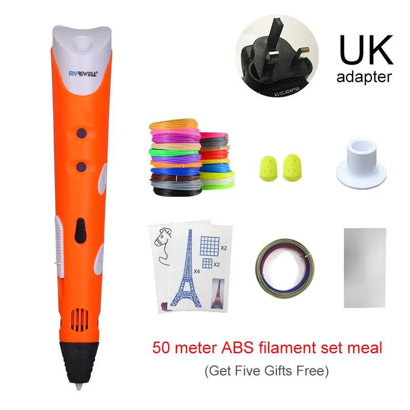 Orange UK Myriwell 3D Ручка с 50 м 1,75 мм ABS нитью, умная 3D Ручка для печати, 3d ручки для детей, подарок на день рождения, Рождество, 3d Ручка для рисования - Цвет: Orange UK