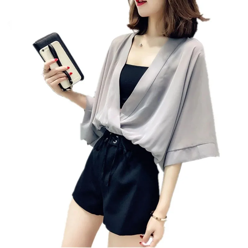 

Include Slip Hot Women Shirt Blouse Deep V Neck Collar Solid Lady Chiffon Blouse Top OL Office Style Chemise Femme DF2479