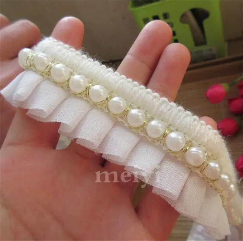 2 ярдов Винтаж белый жемчуг бисером хлопок шифон Вышитые Кружево отделка Лента