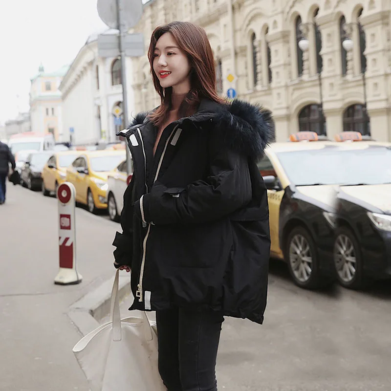 Женская парка с капюшоном и воротником из натурального меха енота толстая