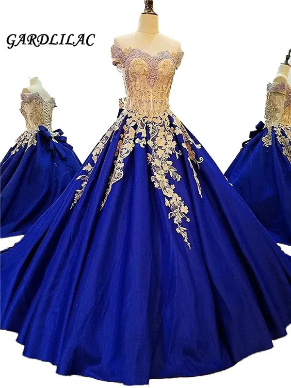 Синий Бордовые платья Quinceanera, Длинные вечерние платья для выпускного вечера с открытыми плечами и золотыми аппликациями, бальное платье, 16 платьев, vestidos de 15 - Цвет: Синий