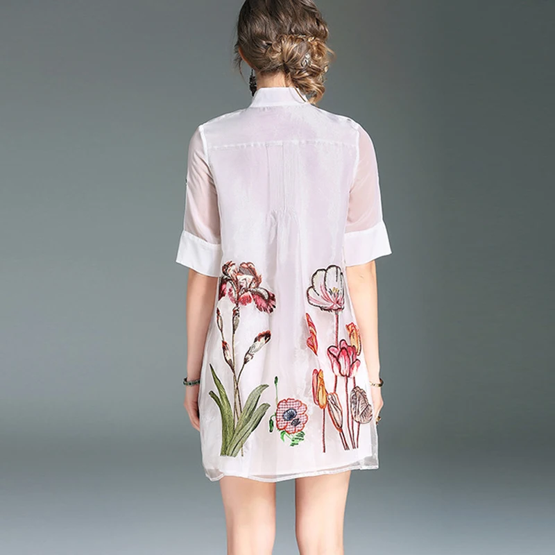 2019 женская летняя модная блузка с коротким рукавом Цветочная вышивка сетчатая