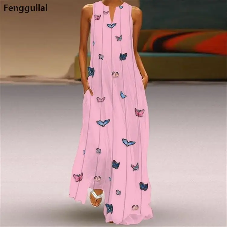 Женское длинное платье с принтом бабочки Элегантное повседневное белое без