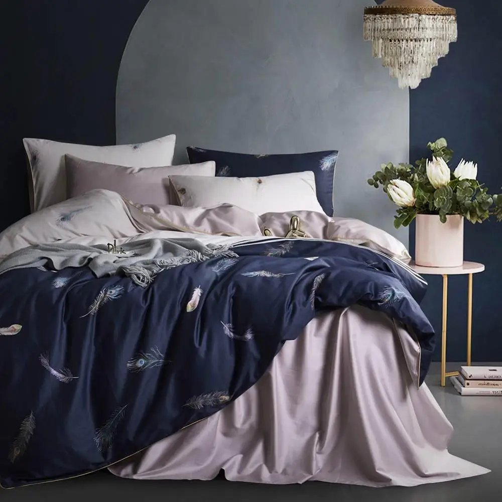20192425 Papa&Mima Feathers print Egyptian cotton Queen King size Luxurious bedding set duvet cover flat sheet pillowcases - Цвет: 20192425