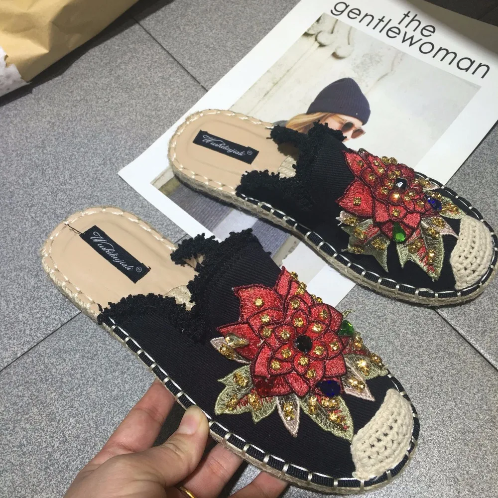 Вышитые шлепанцы женская обувь с украшением в виде кристаллов бахромой