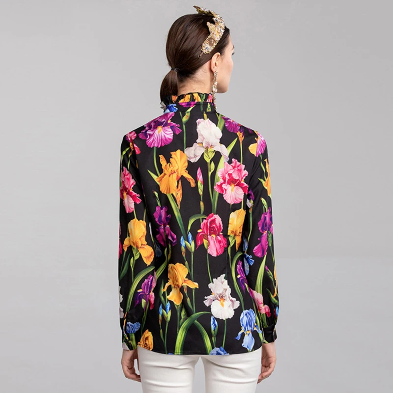 2018 Autumn Women Tops High Quality Black Floral Printed Chiffon Ruffled Collar Vintage Runway Design Shirt |