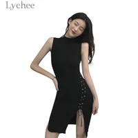 lychee sexy lace up split knitted women dress sleeveless o neck solid color bow tie bodycon dresses female dress