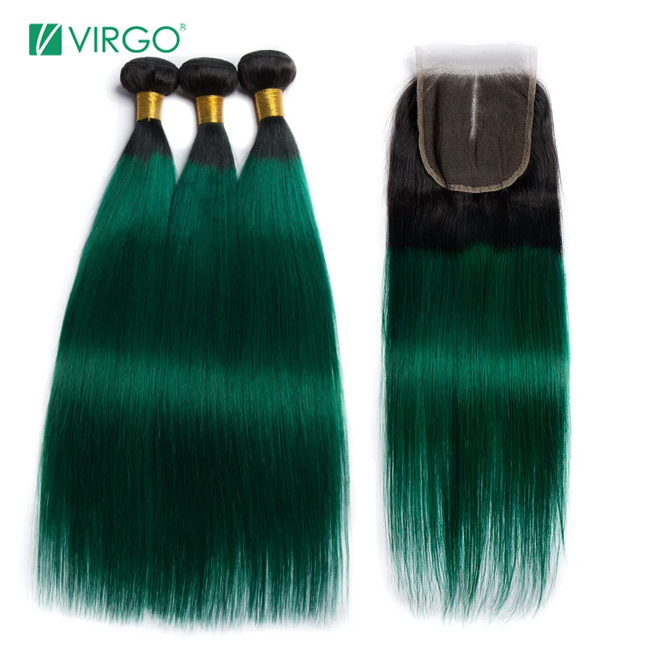 Virgo пучки волос &quotомбре&quot с закрытием T1B/зеленые темные корни Remy прямые 3 шт 100%