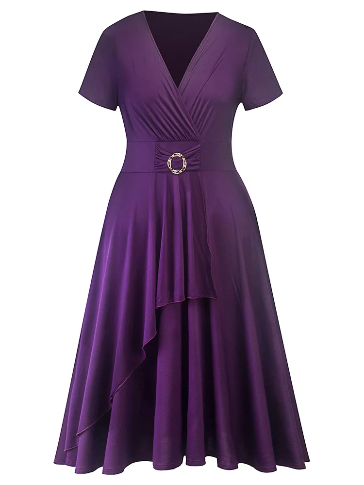 Женское асимметричное платье с v образным вырезом и коротким рукавом