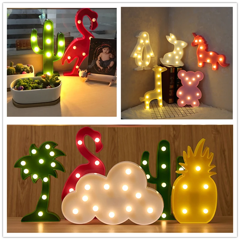 YNL 3D светодиодный ночник для малышей детей фламинго ананас кактус звезда