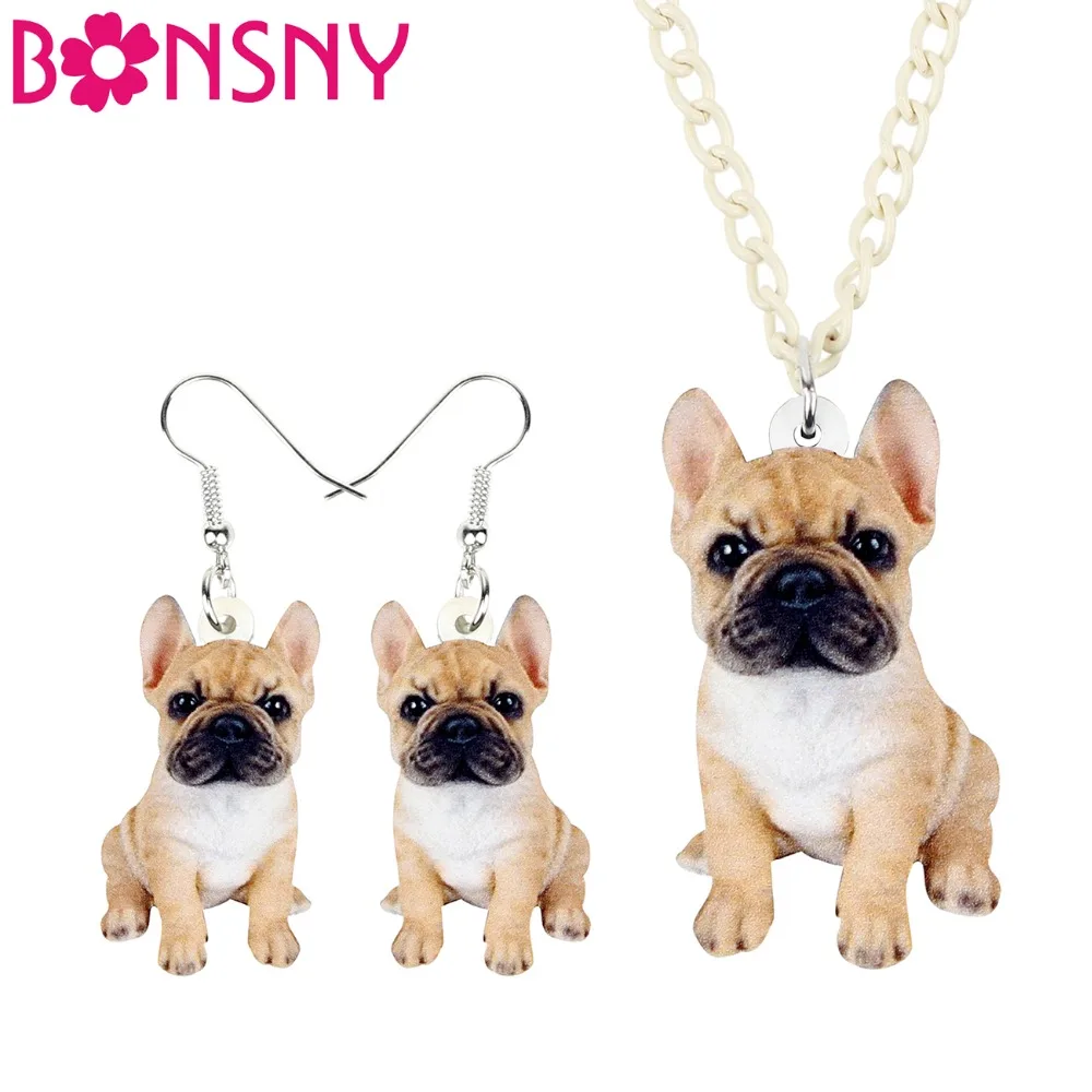 

Bonsny Acrylic Jewelry Set French Bulldog Dog Necklace Earrings Collar Fashion Animal Pendant For Women Girls Accessories NE+EA