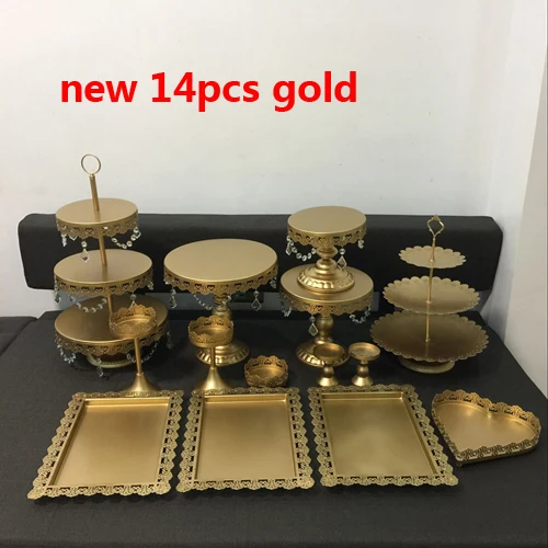 14 pcs new Набор из 7-18 штук золотой торт стенд Свадебная стойка для кексов набор стеклянный купол Серебрянное ожерелье Бар инструменты для украшения торта набор форм для выпечки - Цвет: 14 pcs new